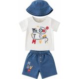 Lika&Nika Erkek Bebek 3'lü Takım %100 Pamuklu Tişört, Lastik Belli Denim Şort ve Şapka - 9 - 12 Ay - Bej