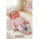Lika&Nika Kız Bebek 3'lü Takım %100 Pamuklu Kapüşonlu Hırka Body ve Eşofman Altı Bebek Giyim Seti - Pembe - 12 - 18 Ay