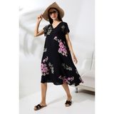 Likapa Yazlık Büyük Beden Viskon V Yaka Kısa Kol Elbise 2688 - XL - Siyah - Pembe