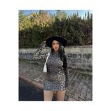 LİKRALI LEOPAR DESEN MİNİ ELBİSE Kahverengi S
