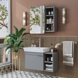 Likya Tek Kapaklı Lavabolu 82 Cm Banyo Alt Dolabı + Üst Dolabı, Lavabolu Mdflam Banyo Dolabı Takımı Kül Gri