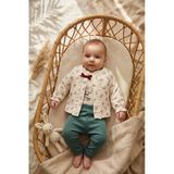 Lila Flora Kız Bebek 3'Lü Kombin Set - Çiçek Desenli Fırfırlı Hırka, Grafik Baskılı Body Ve Adaçayı Yeşili Pantolon