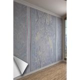 Lila Mavi Çiçek Dalları ve Klasik Panel Desenli Tekstil Duvar Kağıdı, 150 x 100