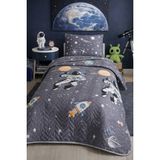 Lila Moon Astronot Desenli Tek Kişilik Kapitone Pike Yatak Örtüsü Takımı (Pike+Yastık Kılıfı) - Gri - 160 x 230 cm