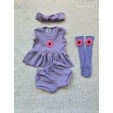Lila Ribana Kız Çocuk Şort Bluz Bandana Çiçek Keçeli Lila Çorap Set - 12 - 18 Ay