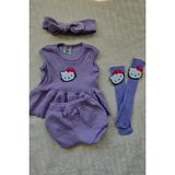 Lila Ribana Kız Çocuk Şort Bluz Bandana Hello Kity Keçeli Lila Çorap Set Takım - 18 - 24 Ay