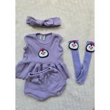 Lila Ribana Kız Çocuk Şort Bluz Bandana Penguen Keçeli Lila Çorap Set - 6 - 9 Ay