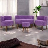 Lila Teddy Kumaş Çay Seti Ikili Koltuk Berjer ve Çift Kişilik Puf (Salon, Balkon, Ofis) 4'lü Takım - Açık Lila