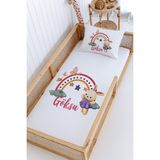 Lilabio %100 Pamuk Isme Özel Montessori Yatak Pike Seti 100X200 Gökkuşağı Tavşan - Beyaz