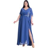 Lilas Xxl Büyük Beden Indigo Renkli Yırtmaçlı Uzun Şifon Abiye Elbise - İndigo - 50