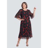 Lilas Xxl Büyük Beden Kırmızı Güllü Çiçek Desen Baskılı Şifon Elbise - 44 - Vişne