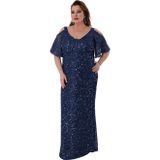 Lilas XXL Kadın Büyük Beden Full Pul Payet İşlemeli Yarım Kol Maxi Boy Abiye Elbise 2530 Lacivert
