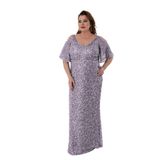 Lilas XXL Kadın Büyük Beden Full Pul Payet İşlemeli Yarım Kol Maxi Boy Abiye Elbise 2530 Lila
