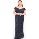 Lilas XXL Kadın Büyük Beden Madonna Yaka Full Taş ve Payetli Uzun Abiye Elbise 2439 Siyah