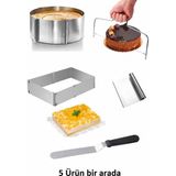 Lilasso 5'li Pasta Seti Kare ve Yuvarlak Ayarlanabilir Ayarlı Kek Pasta Kalıbı Kesme Teli Spatula Takımı - Gri