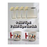 lili hediyelik 4'lü Papatyalı Tepsi Kahve Sunum Tepsisi 21x21 cm - 2'li Filli Kırmızı Kulplu Kahve Bardağı Gümüş, LH0824234952313123124