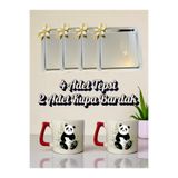 lili hediyelik 4'lü Papatyalı Tepsi Kahve Sunum Tepsisi 21x21 cm - 2'li Pandalı Kahve Bardağı Kupa Bardak Gümüş, LH980237409235235234
