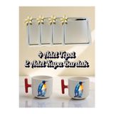 lili hediyelik 4'lü Papatyalı Tepsi Kahve Sunum Tepsisi 21x21 cm - 2'li Penguenli Kırmızı Kulplu Kahve Bardağı Gümüş, LH982374023423532235123