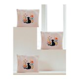 lili hediyelik Çiçek Ve Kedi Teması Baskılı 3'lü Makyaj Çantası 20x25 Cm - Kadın Doğum Günü Hediyesi Kadın Hediye