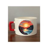 lili hediyelik Güneşin Doğuşu Baskılı Kırmızı Kulplu Fincan Seramik Kupa - Seramik Çay, Kahve Hediyelik Bardağı