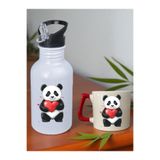 lili hediyelik Kalp ve Panda Baskılı 600 ml Matara ve Bardak - Su Matarası Suluk ve Bardak Seti Çok Renkli Tek Ebat