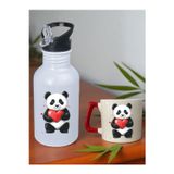 lili hediyelik Kalp ve Panda Baskılı 600 ml Matara ve Bardak - Su Matarası Suluk ve Bardak Seti