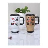 lili hediyelik Kalpler ve Panda Baskılı 2'li Kulplu Çelik Bardak Termos 450 ml