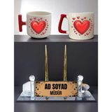 Lili Hediyelik Müdür Isme Özel Masaüstü Isimlik Masa Isimliği 2'li Kalpli Kupa Müdüre Hediye Ofis Isimlik