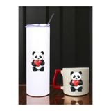 lili hediyelik Panda Kalp Baskılı 600 ml Termos ve 250 ml Bardak - Pipetli Termos ve Bardak Seti Çok Renkli Tek Ebat