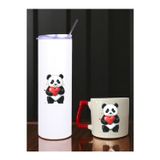 lili hediyelik Panda Kalp Baskılı 600 ml Termos ve 250 ml Bardak - Pipetli Termos ve Bardak Seti