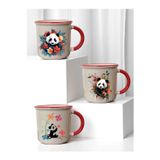 lili hediyelik Panda ve Çiçek Baskılı Ağzı Kırmızı 3'lü Seramik Kupa Bardak