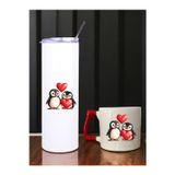 lili hediyelik Penguen Kalp Baskılı 600 ml Termos ve 250 ml Bardak - Pipetli Termos ve Bardak Seti