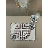 Lilies Atelier Çiçek Desenli Nakış Keten Sofra Takımı 2 Adet Amerikan Servis ve 2 Adet Kokteyl Peçetesi - Beyaz - Siyah - 35 x 50 cm