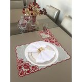 Lilies Atelier Delik Işi Keten Sofra Takımı 2 Adet Amerikan Servis ve 2 Adet Kokteyl Peçetesi - Kırmızı - 35 x 50 cm
