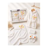 LİLİYUM Bebek Bornoz Seti 5 Parça Kutulu Hediyelik Kapüşonlu Banyo (Bornoz+Havlu+ Terlik+Kese) Doğum Hediyesi-0-2 Yaş Uyumlu-Unisex