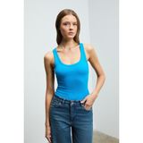 Lıllesol Kadın Fitilli Görünümlü Slim Fit Vücuda Oturan Havuz Yakalı Pamuklu Basic Mavi Atlet - XL