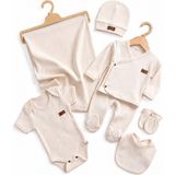 Lilliy %100 Organik Pamuklu 7'li Yenidoğan Bebek Hastane Çıkış Seti – Uzun Kollu Üst, Patikli Pantolon, Kısa Kollu Zıbın, Battaniye, Şapka, Eldiven ve Önlük Seti – Ekru - 0 - 3 Ay - Bej