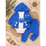 Lilliy Bebek Erkek 3 Parça Welsoft Takım Mavi Ayıcık Desenli Kapüşonlu Hırka Body Pantolon - 3 - 6 Ay