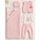 Lilliy Kız Bebek 0-3 Ay Welsoft 5 Parça Yenidoğan Hastane Çıkışı Seti Peluş Yelek Pantolon Battaniye Şapka - 0- 3 Ay - Pembe