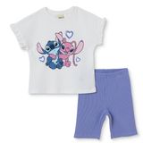 Lilo ve Stitch Kız Bebek Lisans Tshirt - Tayt Bisiklet Yaka Kısa Kol Reçme Paça Ekru