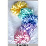 Lilya Toka Kadın 5li Çapı 15 cm Saten Saç Lastik Simit Scrunchi Toka Seti - Açık Pembe - Lila
