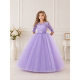 LilyMoon Kız Çocuk Dantel Kollu Tüllü Kabarık Prenses Abiye Elbise - Düğün Mezuniyet Doğum Günü - Lila - 3 - 5 Yaş