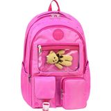 LilyMoon Şeffaf Cepli Ayıcık Anahtarlıklı Çok Gözlü Okul Sırt Çantası 42 cm - Pembe
