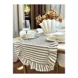 LILYUM Gri Çizgili-TAM Fırfırlı 40x110 Pamuklu Bej Ham Keten Runner