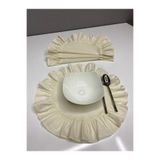 LILYUM Home %100 Pamuklu Bej Ham Keten Fırfırlı 2' Li Amerikan Servisi Supla Yuvarlak 40 Cm