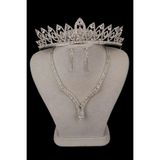 Limelia Hira Kristal Taşlı Abiye Kolye Küpe Seti Ve İnce Yaprak Gelin Tacı