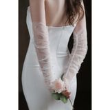 Limelia İncili Şık Tül Gelin Eldiveni Şeffaf Tül Gelin Eldiveniveni Düğün Nikah Gelin Eldiveni Balo Eldiveni