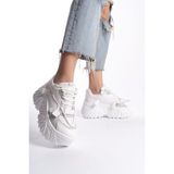 Limeo Kadın Beyaz Cilt Bağcıklı Sneaker Yüksek Taban Spor Ayakkabı Modern Tasarım