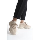 Limeo Siyah Yüksek Taban Rahat Yumuşak Parlak Bağcık Detaylı Kadın Günlük Spor Yürüyüş Ayakkabısı Sneaker - Krem