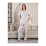 LİMİSSİ Çiçek Baskılı Önden Düğmeli M-XXL Yetişkin Pijama Takımı - Bej L / XXL